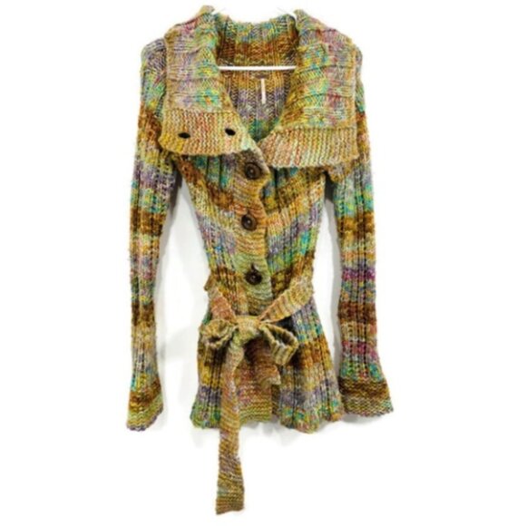 Free People Rainbow Chunky Knit Belted Sweater Cardigan - Picture 2 of 10